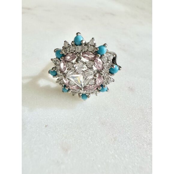 Light pink and turquoise blue cubic zirconia adjustable cocktail ring ￼ - Picture 4 of 8